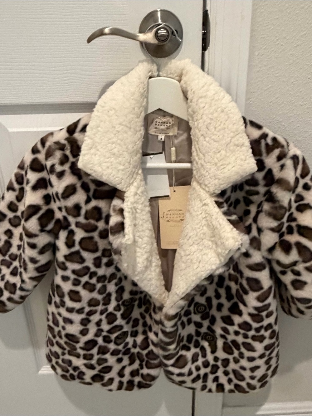 Hannnah Banana Toddler Faux Fur Leopard Coat with Sherpa Collar - Cream/Brown
